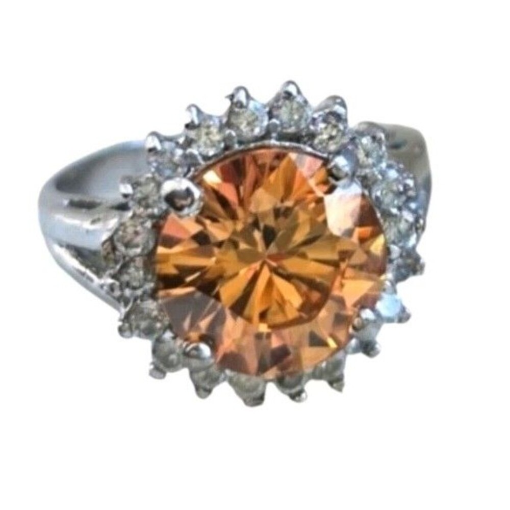 Beautiful FAS Signed 925 Sterling Silver Citrine White CZ Crystal Ring Size 7.25